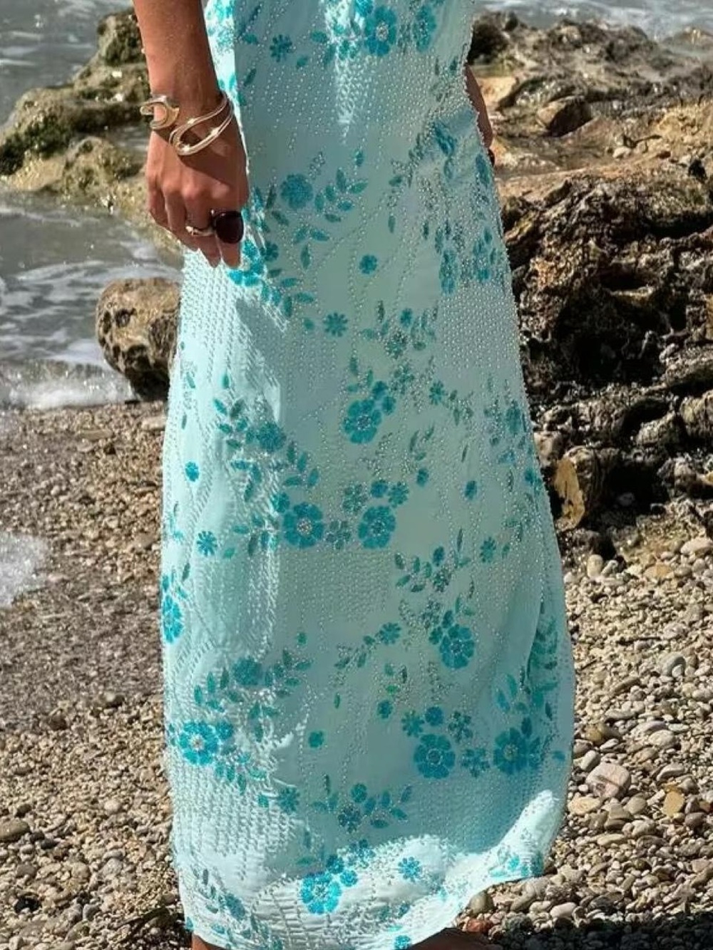 Y2k Sequin Bead Floral Embroidery Maxi Skirt Low Waist Rhinestone Glitter